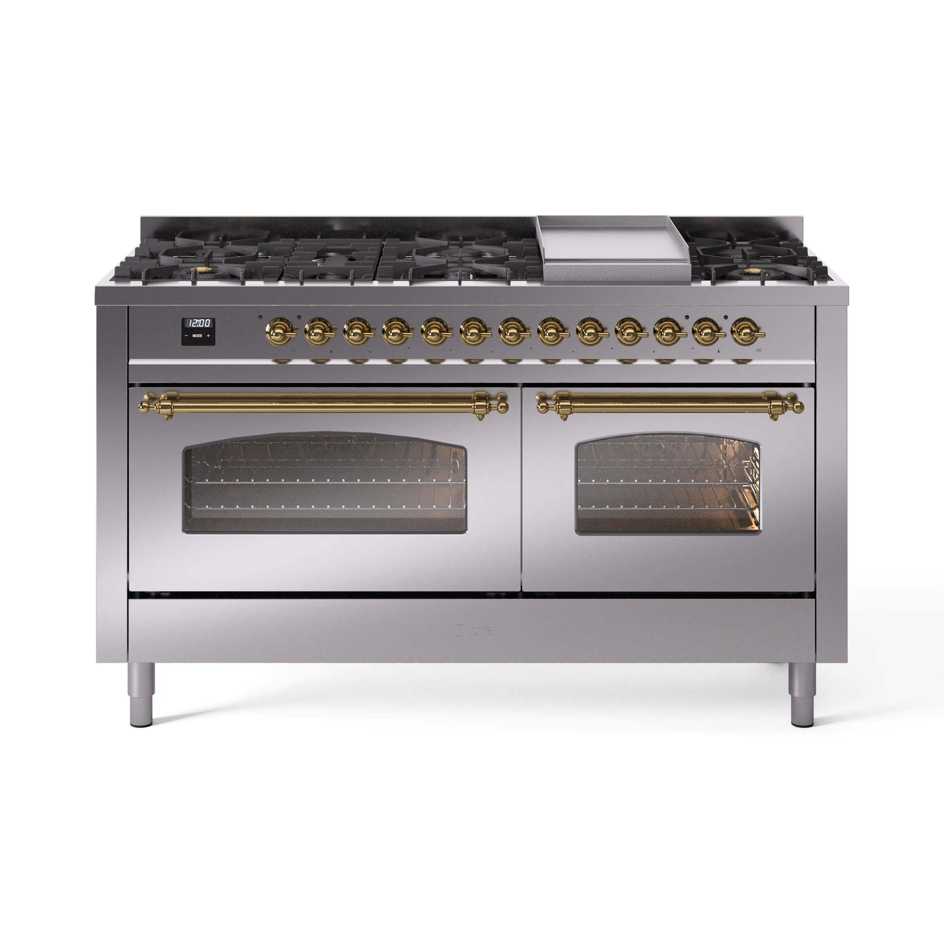 Stainless steel dual-fuel range with brass trim, dual glass ovens and gas burners