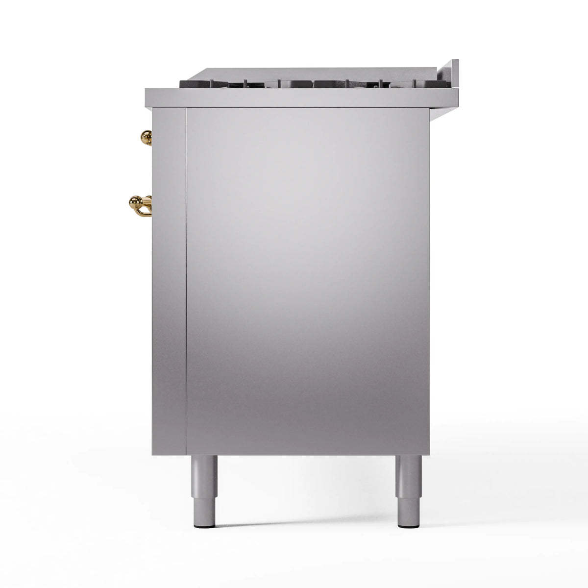 Stainless steel dual fuel range side panel with brass trim and raised legs