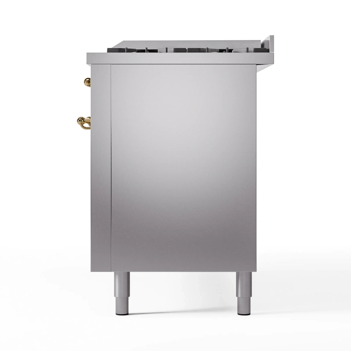 Stainless steel range cabinet side with brass handle and adjustable legs