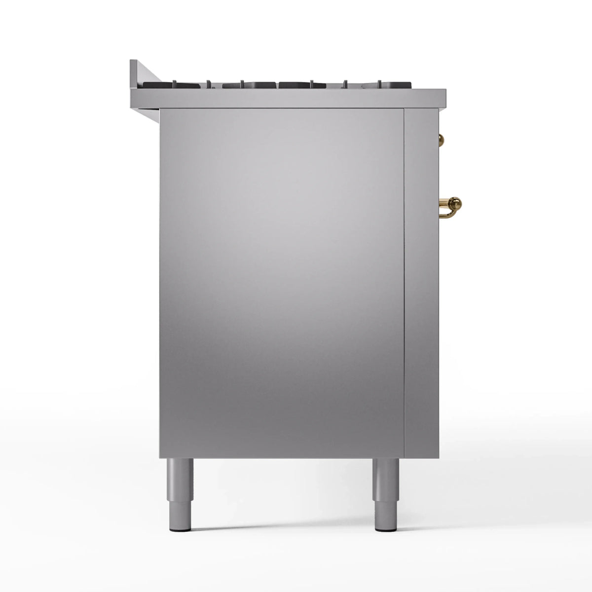 Stainless steel range cabinet side with cooktop trim and brass accent handle