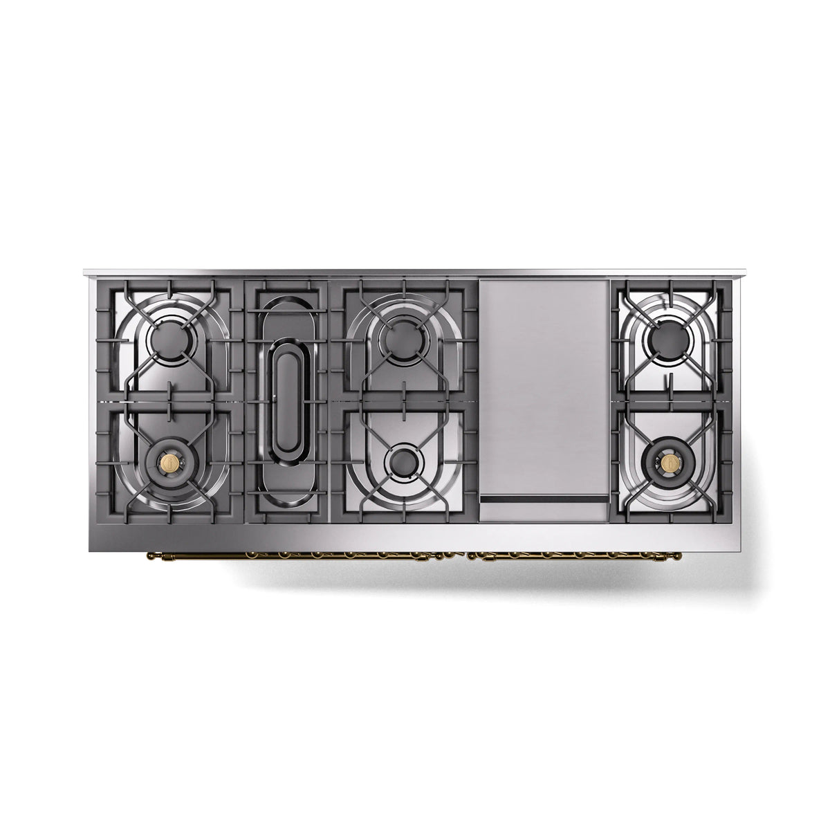 Stainless steel range burner grates with brass accents and open cooktop layout
