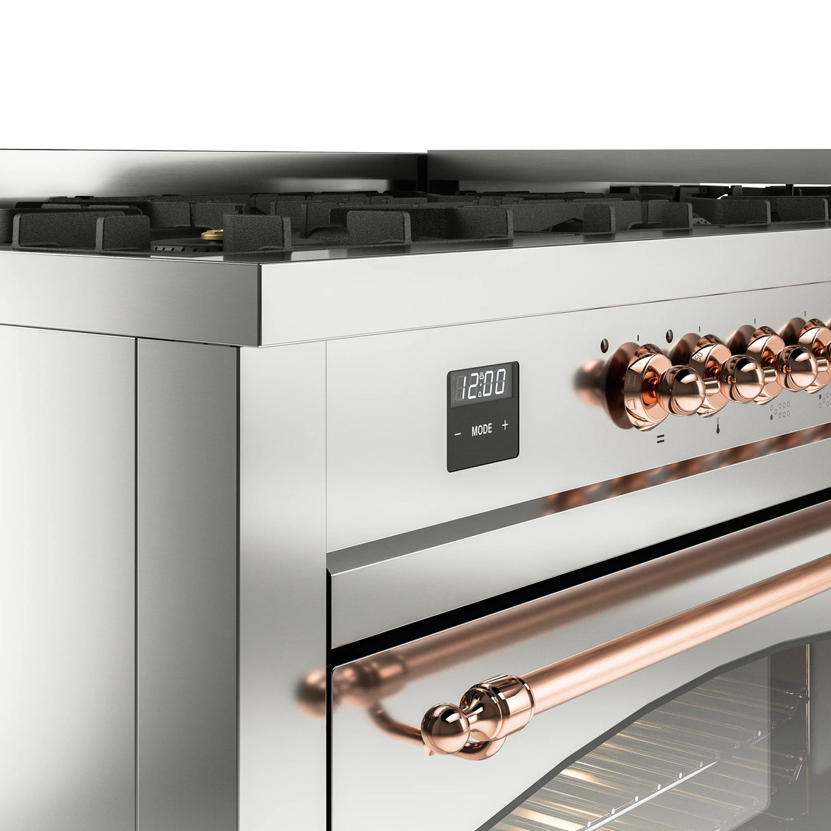 Stainless steel range control panel with digital display and copper knob accents