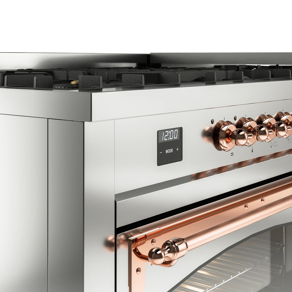 Stainless steel gas range control panel with copper-trimmed knobs and digital display