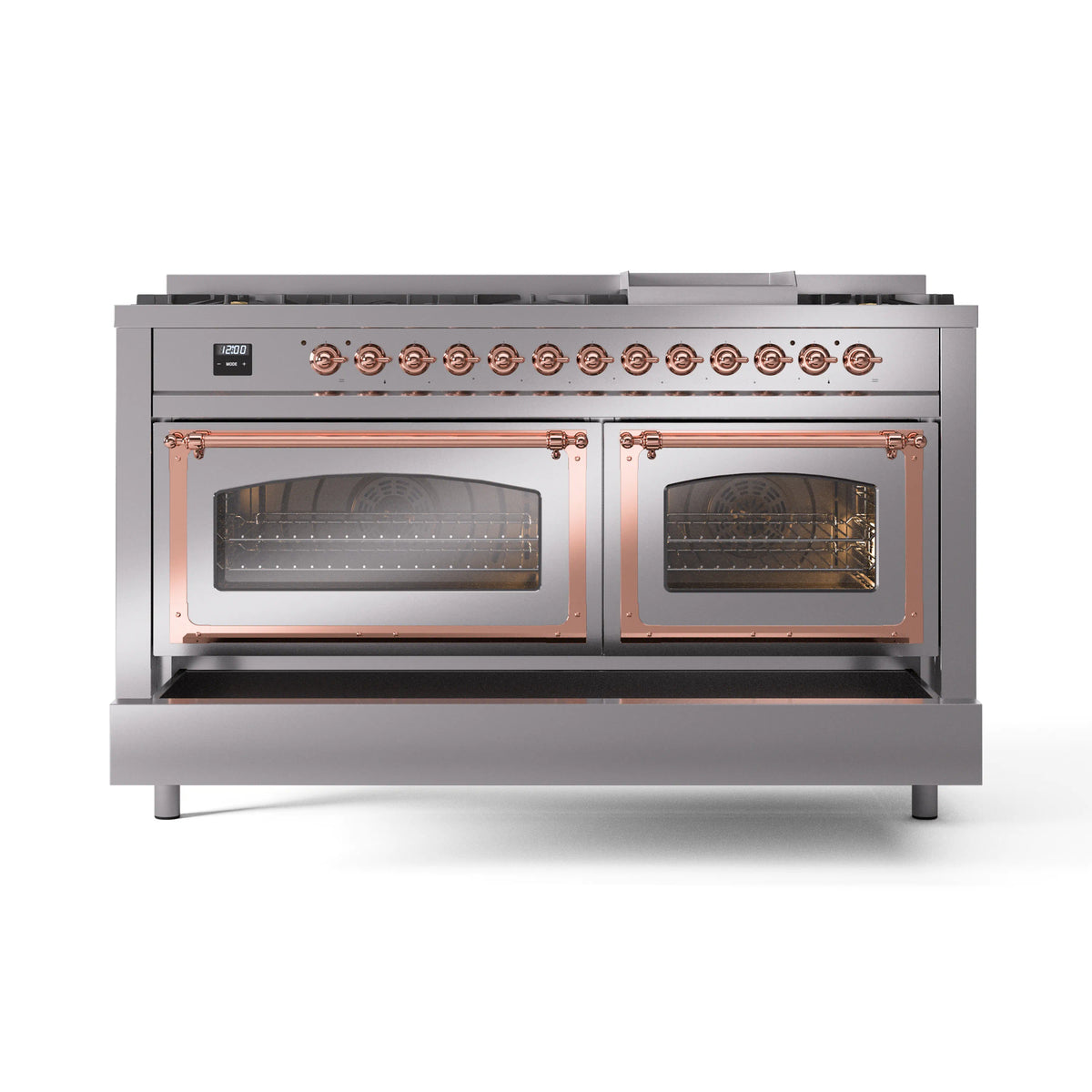 Stainless steel dual-fuel range with copper-trim oven windows and front control knobs