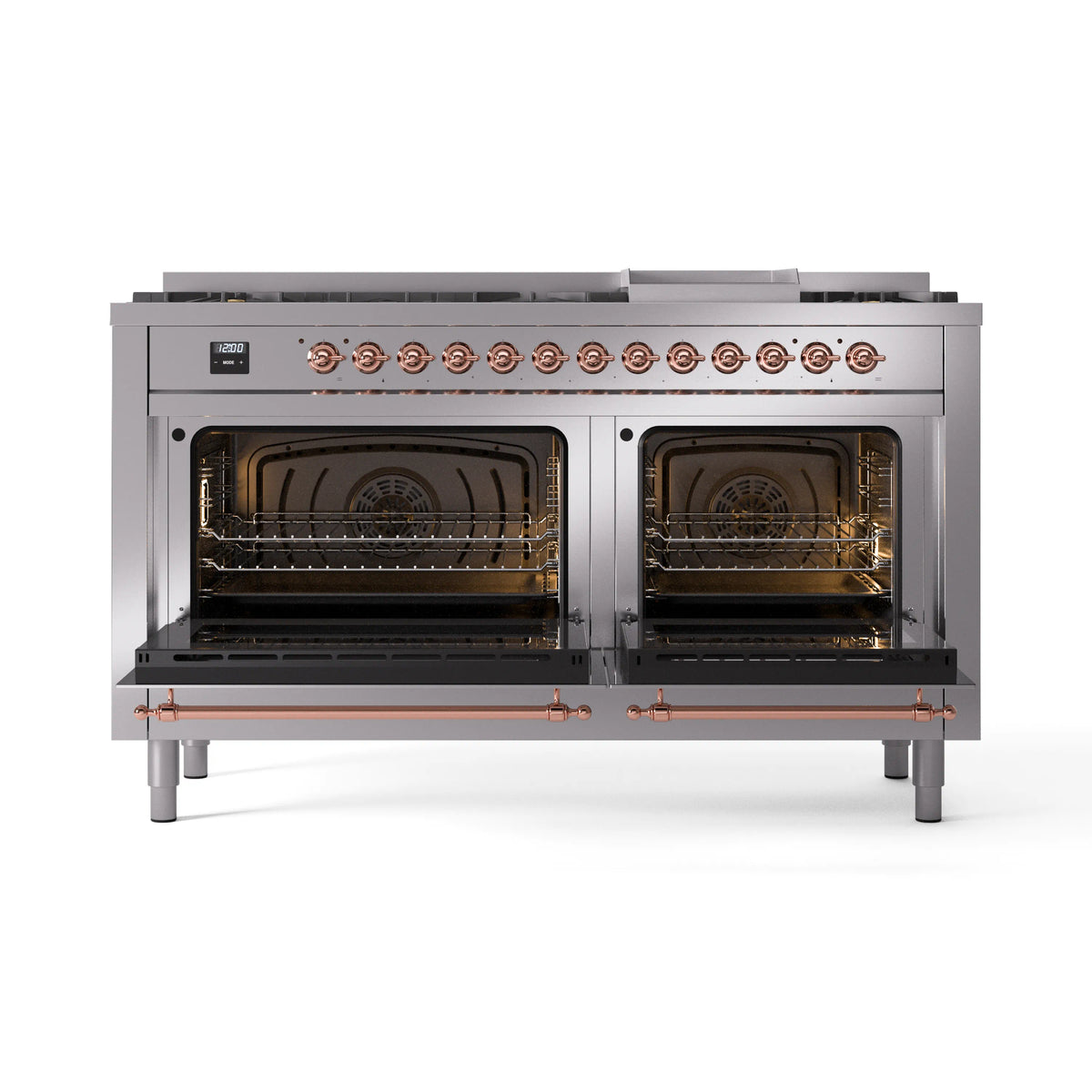 Dual fuel range with both oven doors open, showing racks and warm interior light