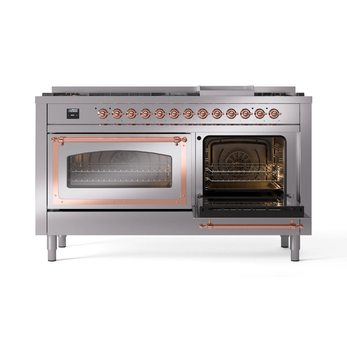 Stainless steel dual-fuel range with left oven door open, interior racks, copper trim