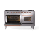 ILVE 60-Inch Nostalgie II Natural Gas Dual Fuel Range with 9 Burners, Griddle and Triple Glass Door Oven in Stainless Steel with Copper Trim (UP60FNMPSSP)