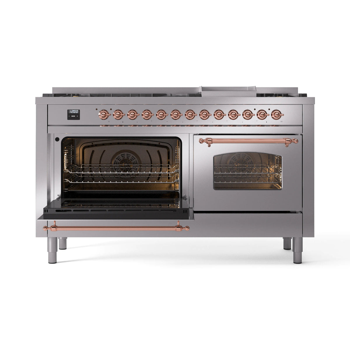 Stainless steel dual fuel range with copper trim, one oven open with racks and second oven closed