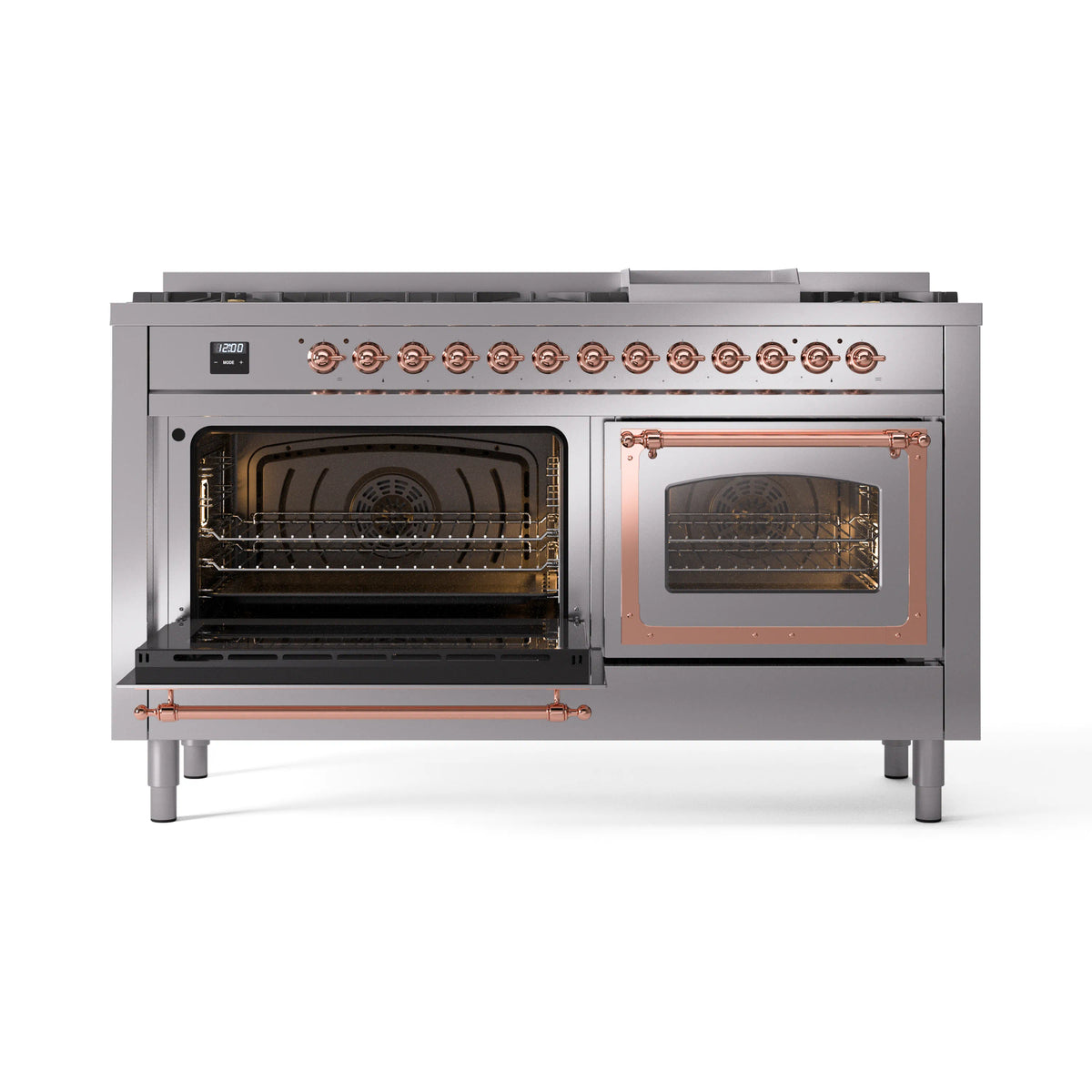 Stainless steel dual-fuel range with right oven door open, interior racks, copper trim