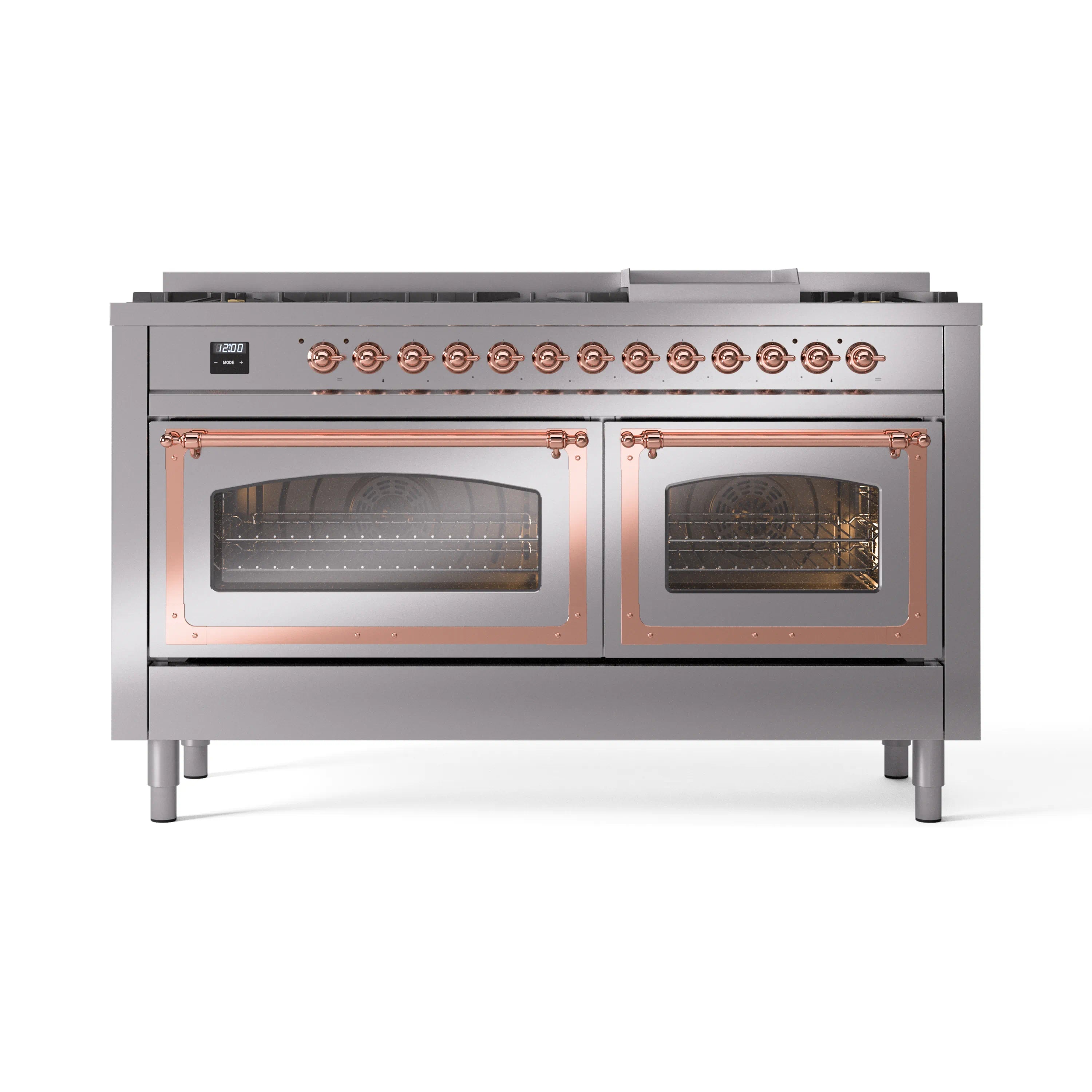 Stainless steel dual-fuel range with two oven windows, copper-trim accents, front view