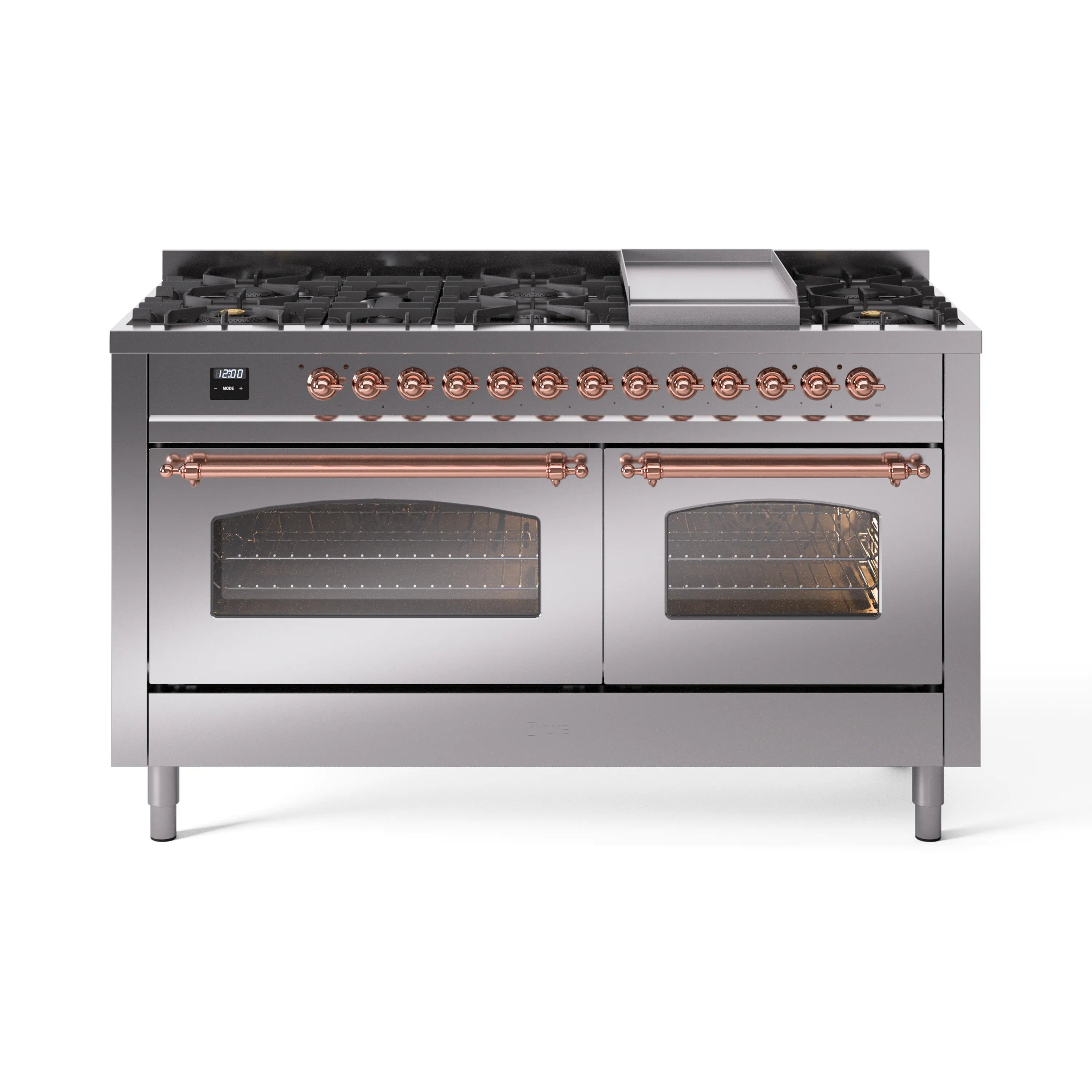 Stainless steel dual fuel range with copper trim, double glass oven doors and burner controls