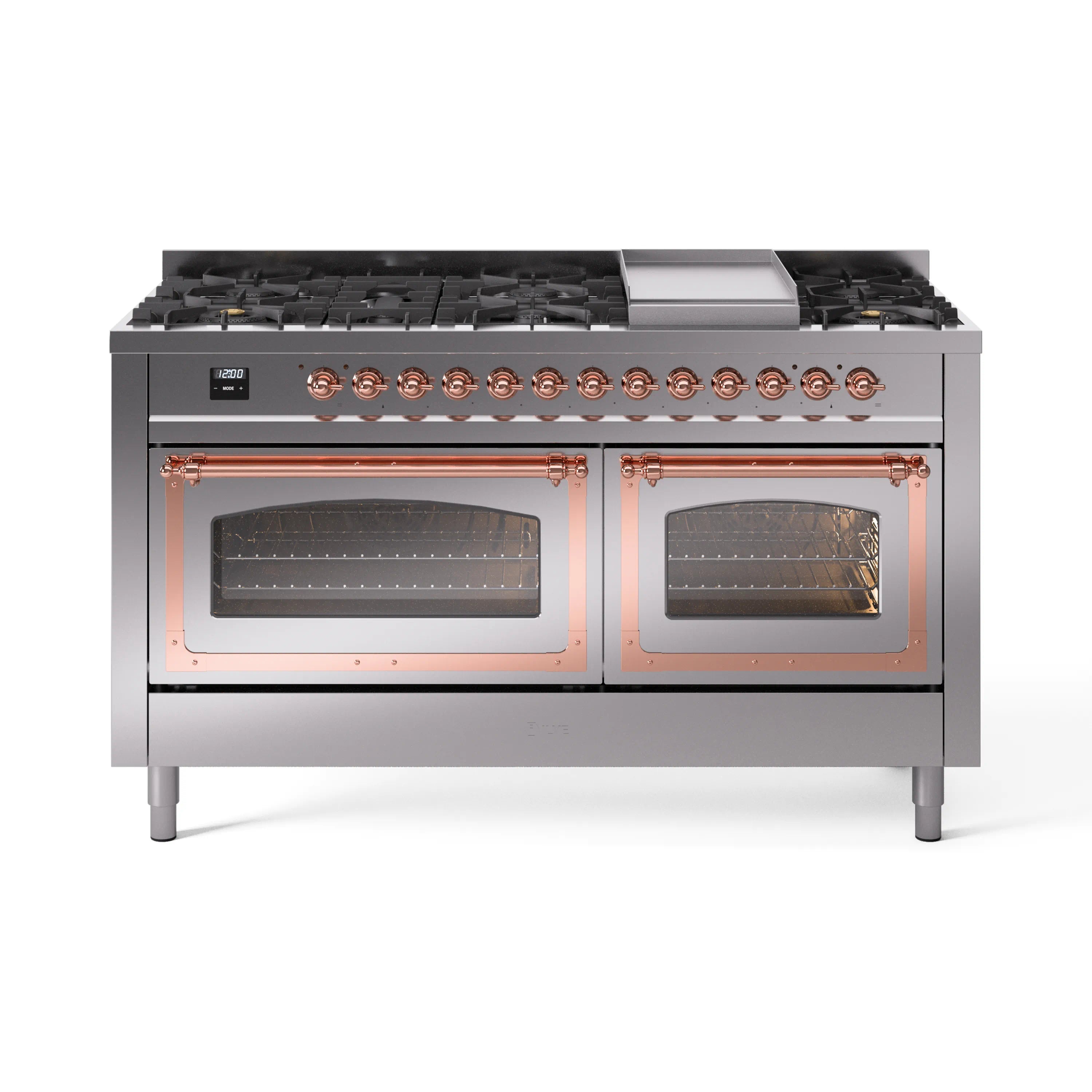 Stainless steel dual fuel range with copper trim, two ovens and six burner grates