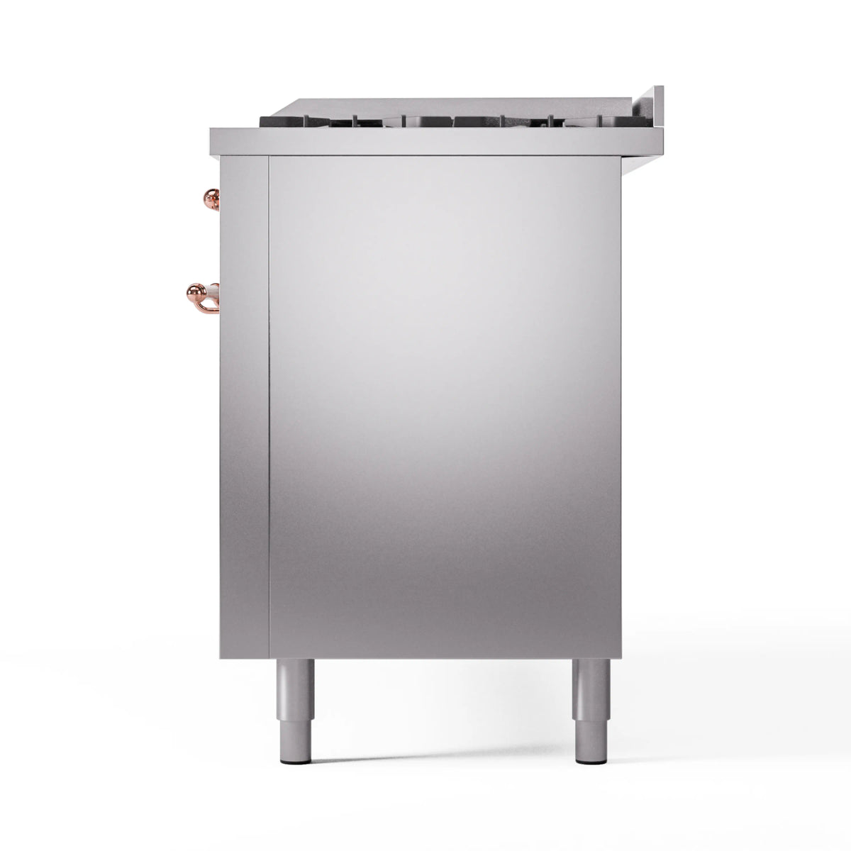 Stainless steel rear panel of dual fuel range with copper accents and leveling legs