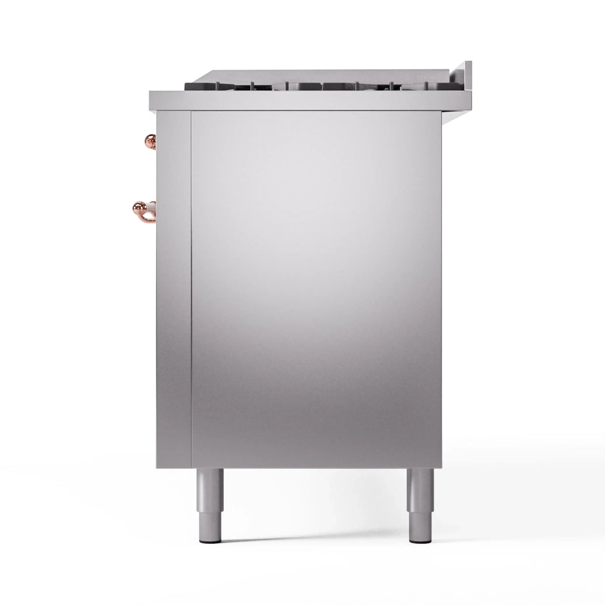 Stainless steel dual fuel range cabinet side view with copper burner control detail