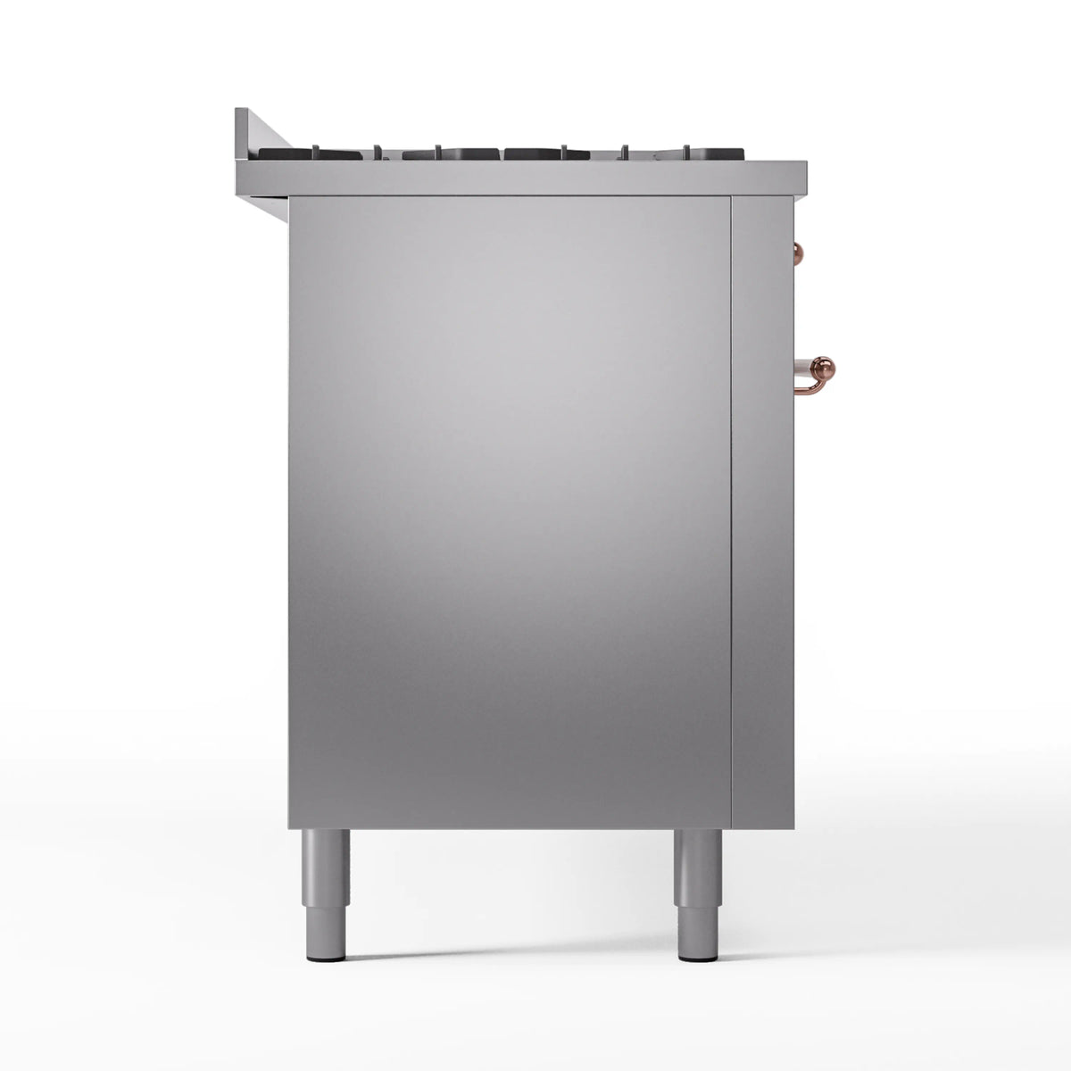 Stainless steel side panel of dual fuel range with copper handle and support legs