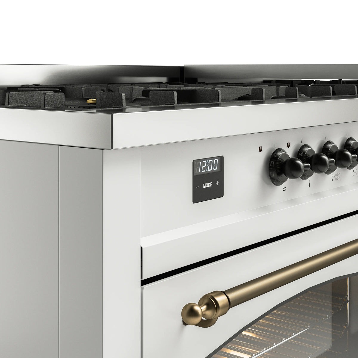White control panel with digital display and bronze oven handle