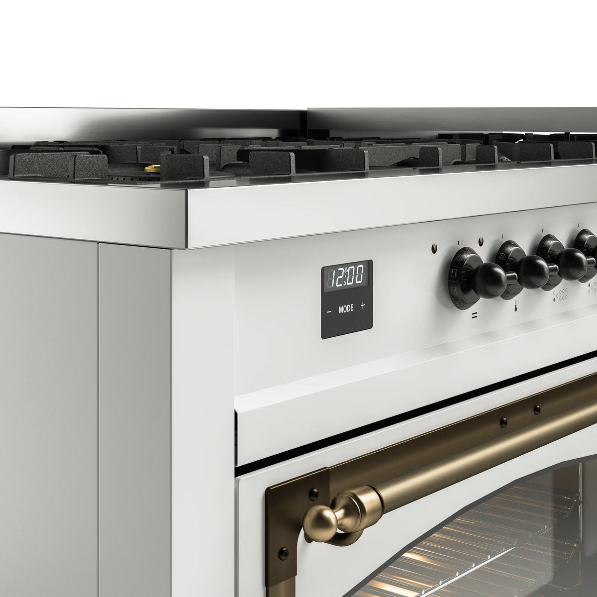 White dual fuel range control panel with dark knobs and digital clock display