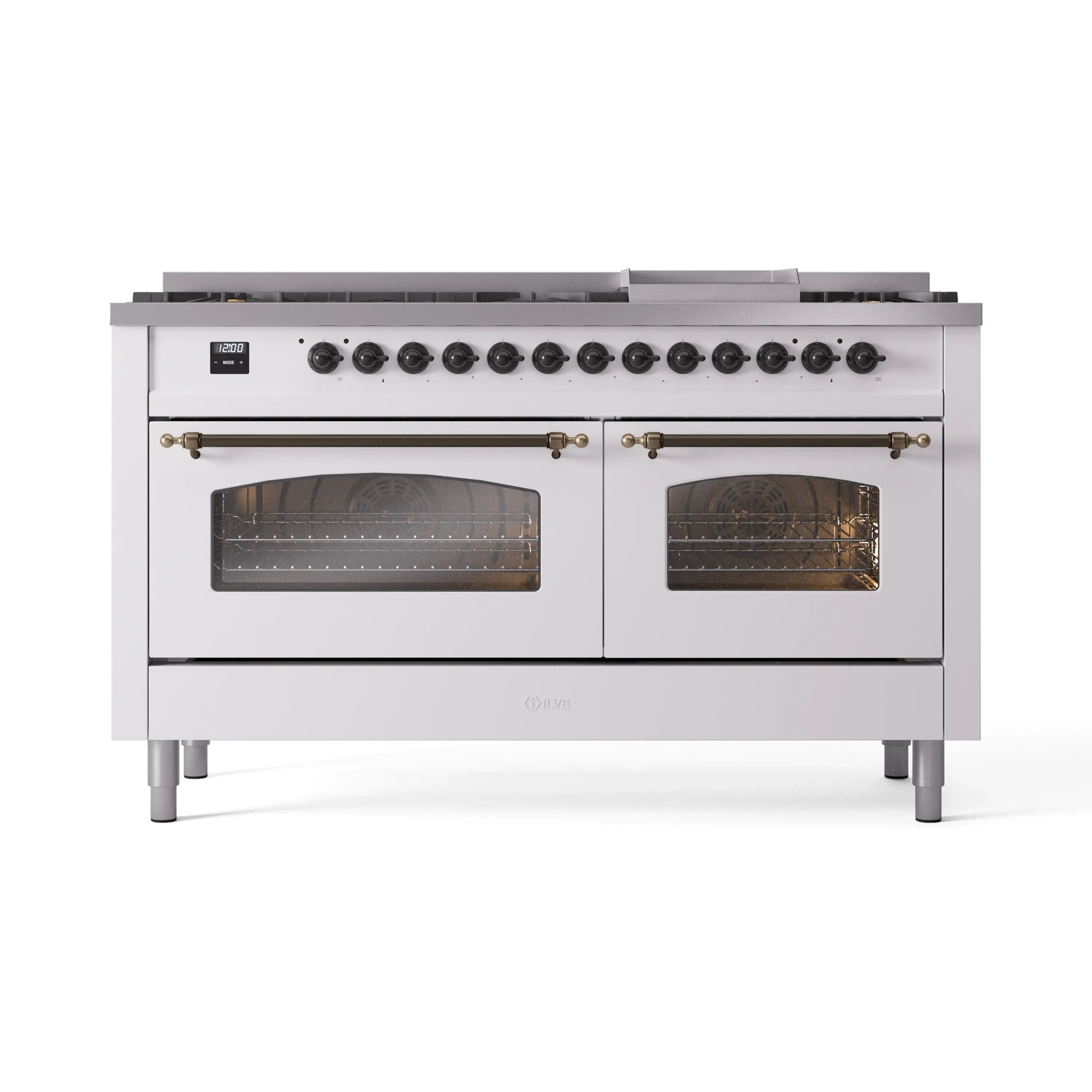 White dual fuel range with two glass oven doors, bronze trim, and top burner knobs
