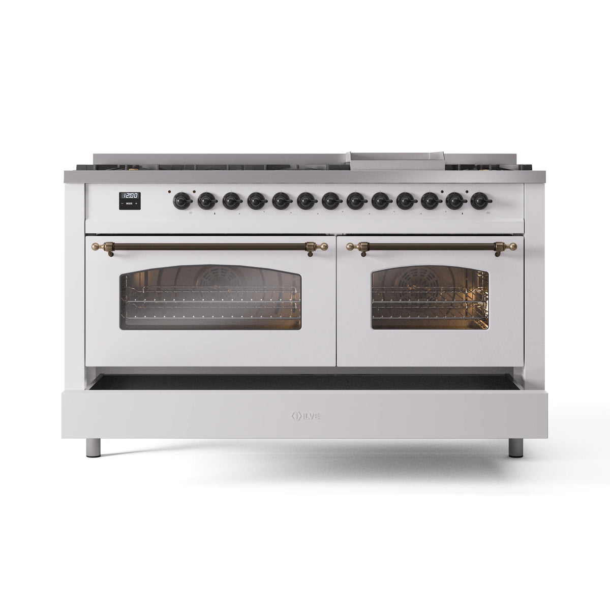 White dual fuel range with bronze knobs and two oven glass doors