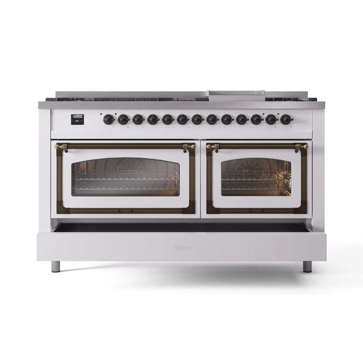 White range with two glass oven doors and bronze trim, burners on top