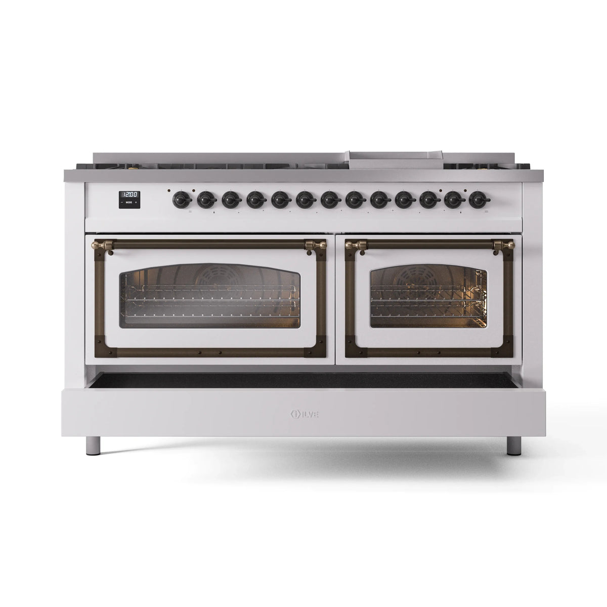 White dual-fuel range with two closed ovens and bronze-trim door frames