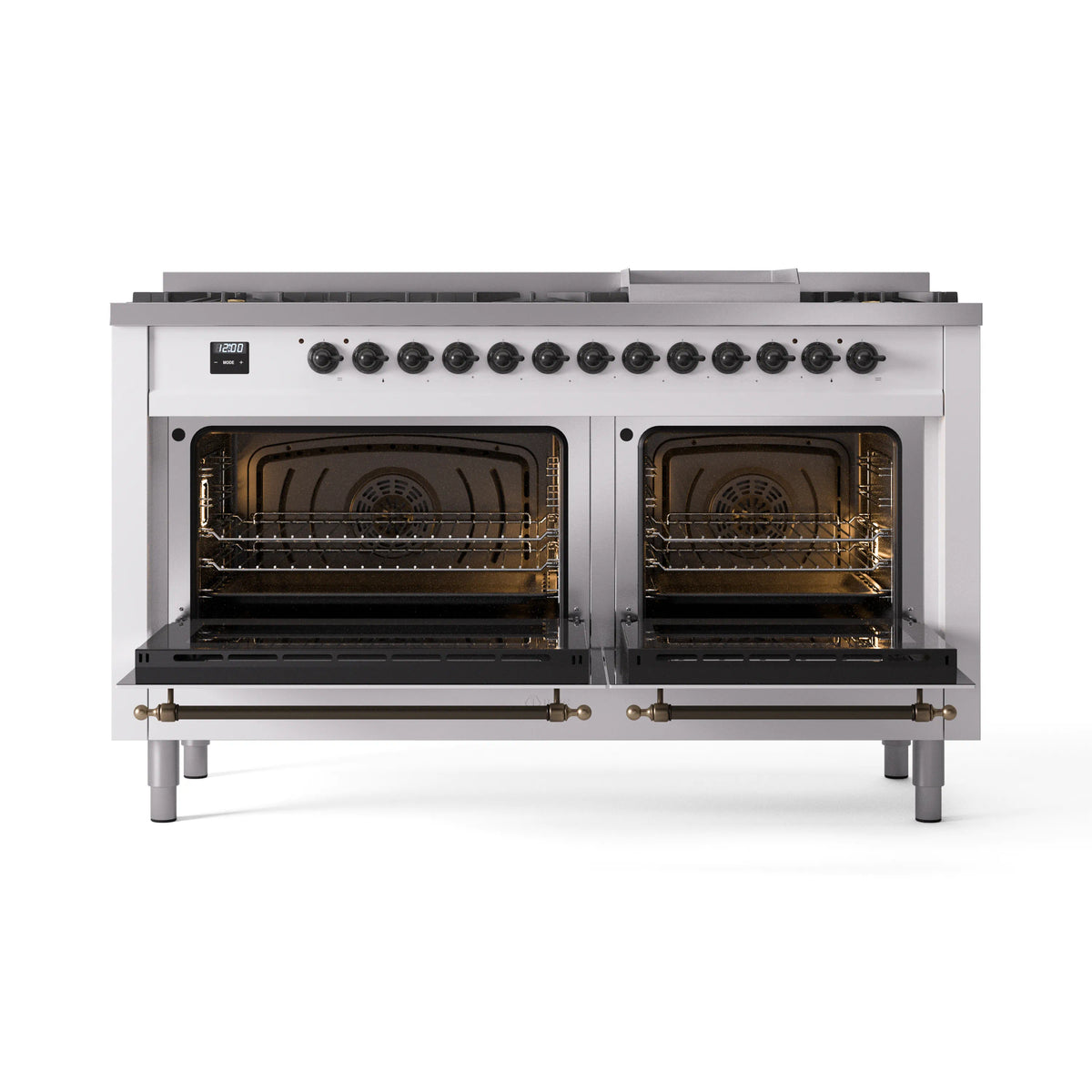 White dual fuel range with both ovens open and bronze trim