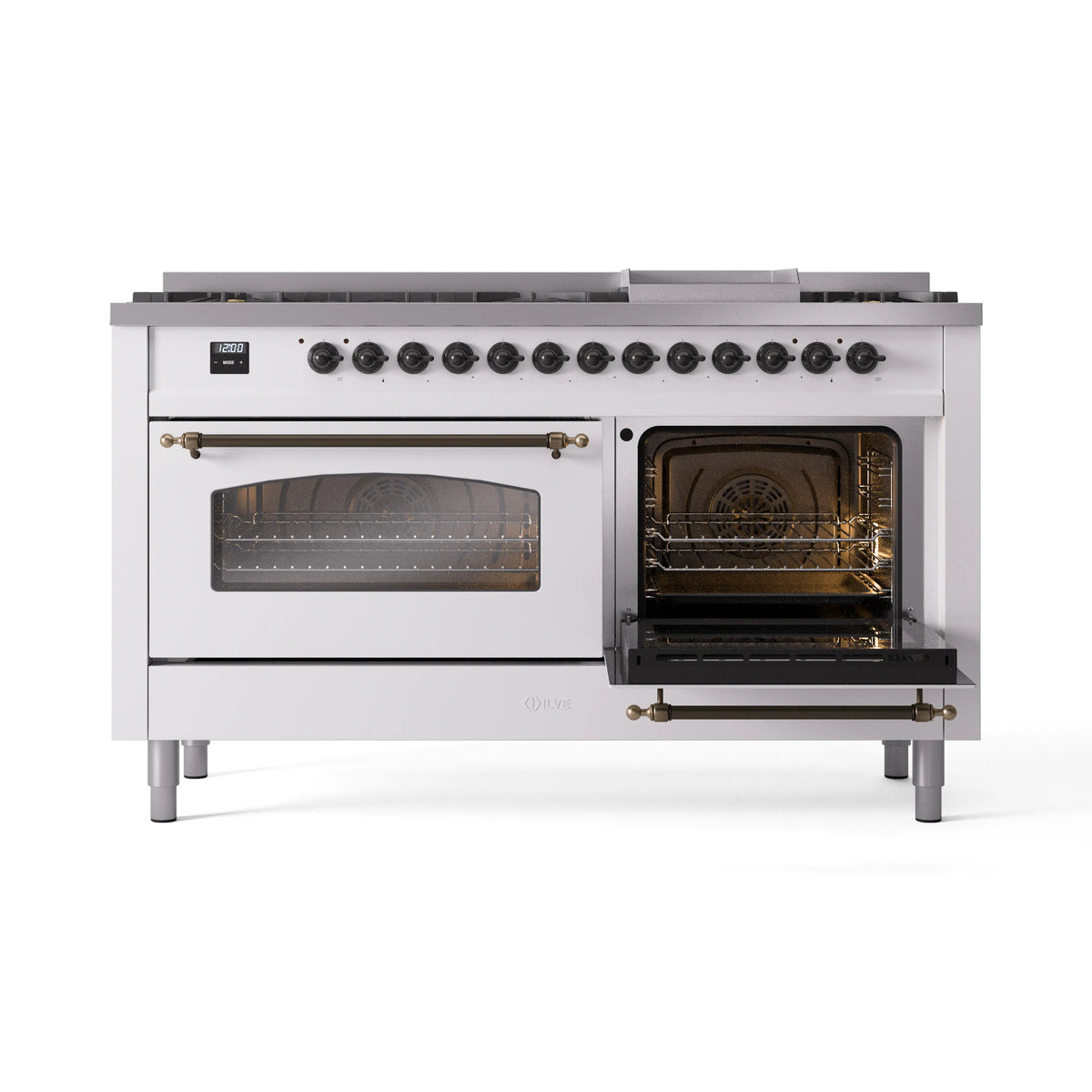 White dual fuel range with left glass door closed and right oven open, racks visible