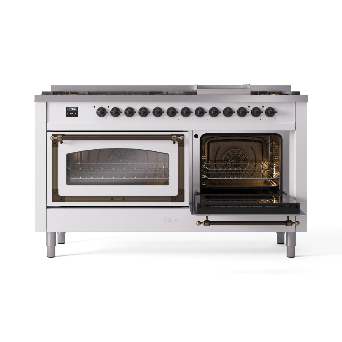 White dual-fuel range with right oven open and bronze-trim door hardware
