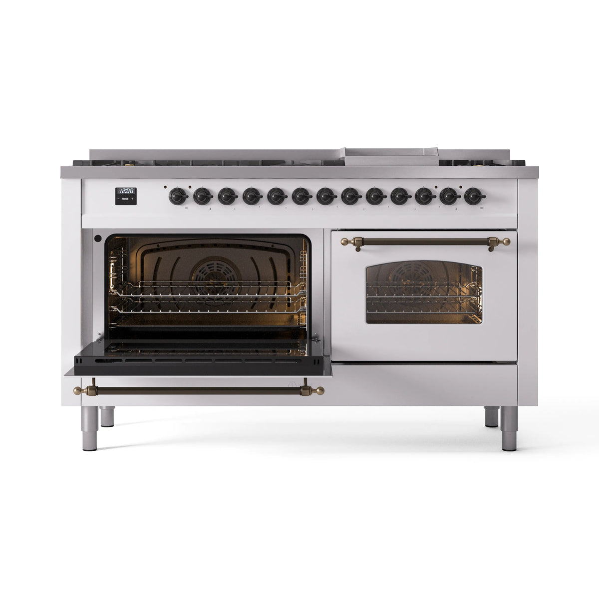 White dual fuel range with bronze knobs and left oven door open