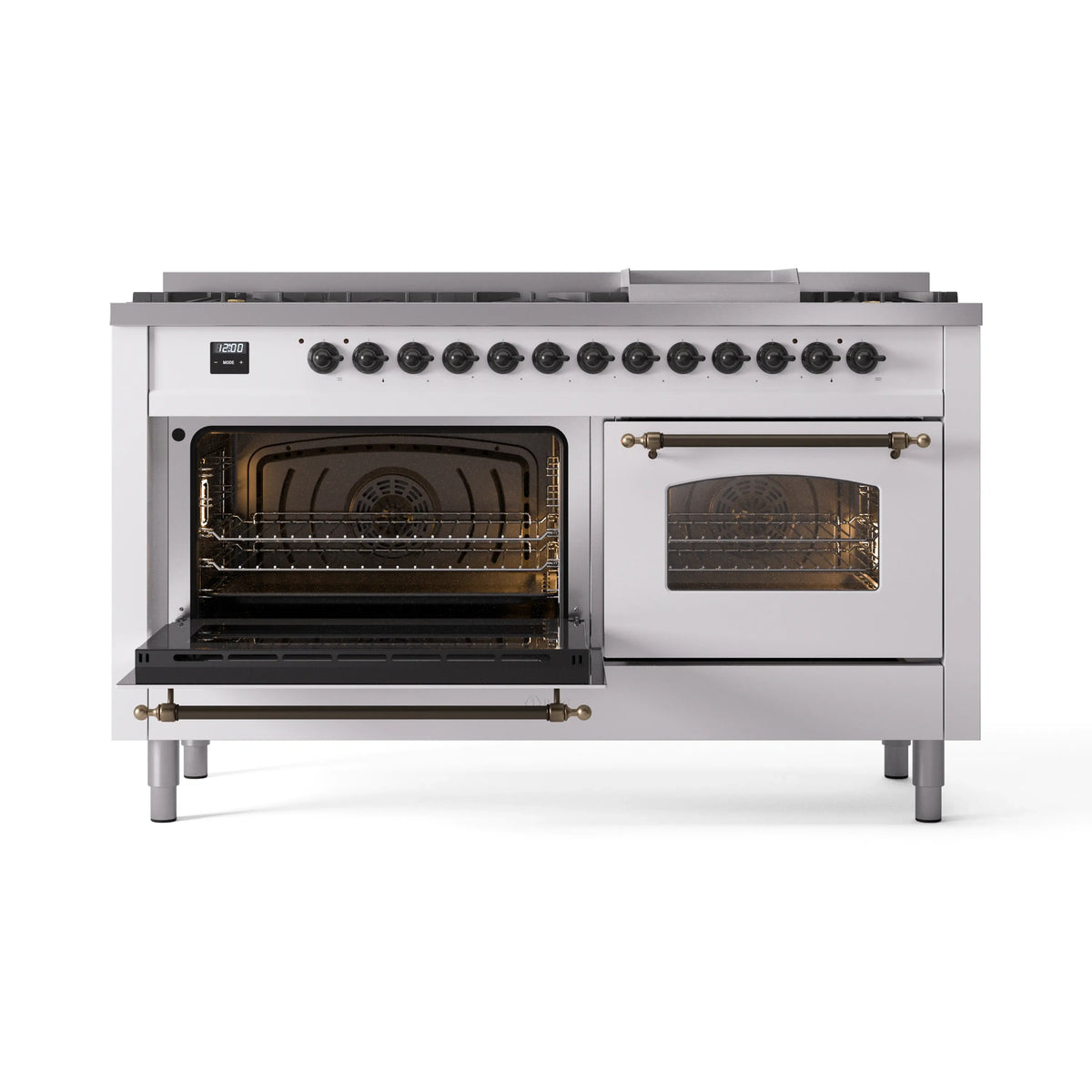 White dual fuel range with left oven open and right glass door closed, interior racks visible