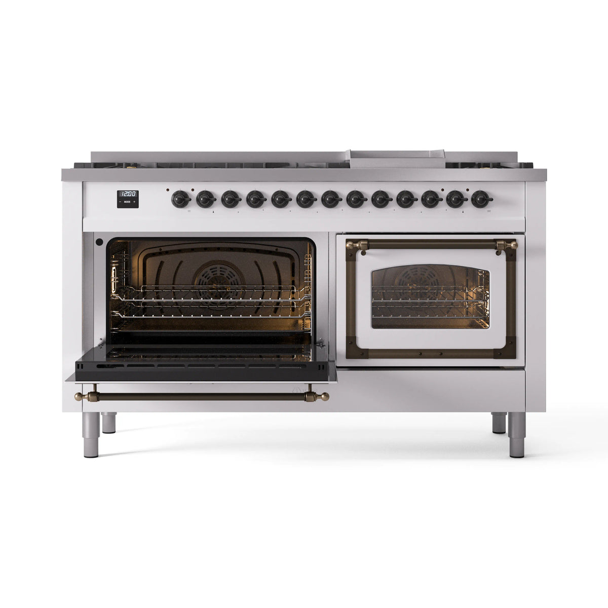 White range with both oven doors open, illuminated interiors and oven racks