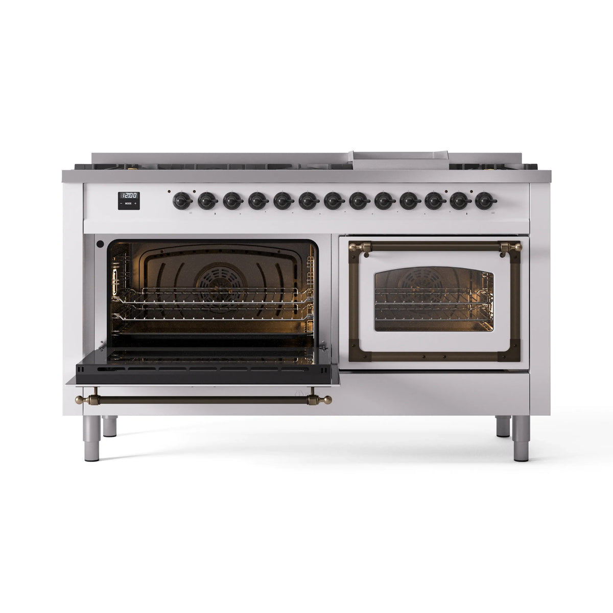 White dual-fuel range with both ovens open, showing black interior racks