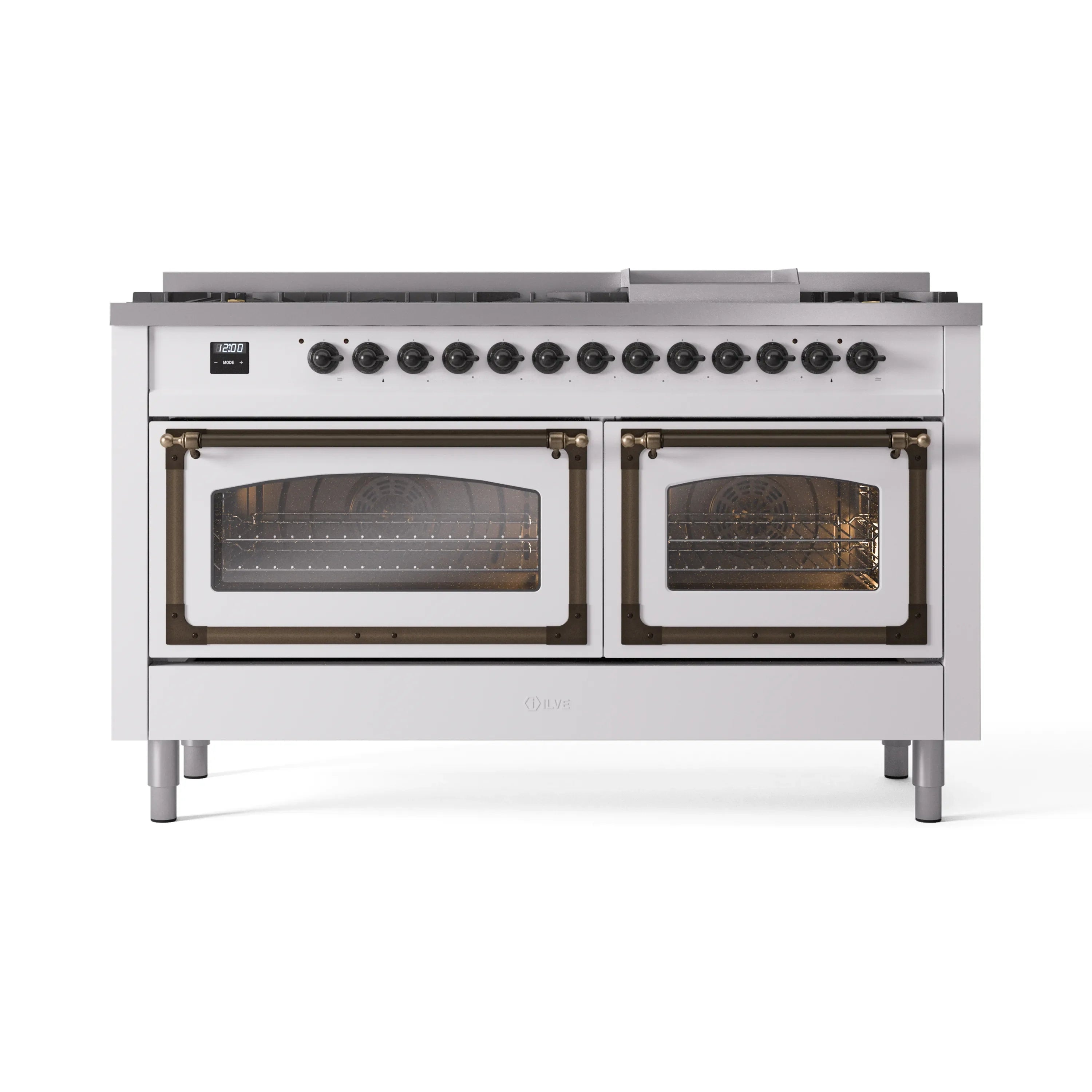 White dual-fuel range front view with two ovens and bronze-trim door frames
