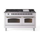 ILVE 60-Inch Nostalgie II Natural Gas Dual Fuel Range with 9 Burners, Griddle and Triple Glass Door Oven in White with Bronze Trim (UP60FNMPWHB)