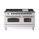 ILVE 60-Inch Nostalgie II Propane Gas Dual Fuel Range with 9 Burners, Griddle and Triple Glass Door Oven in White with Bronze Trim (UP60FNMPWHBLP)