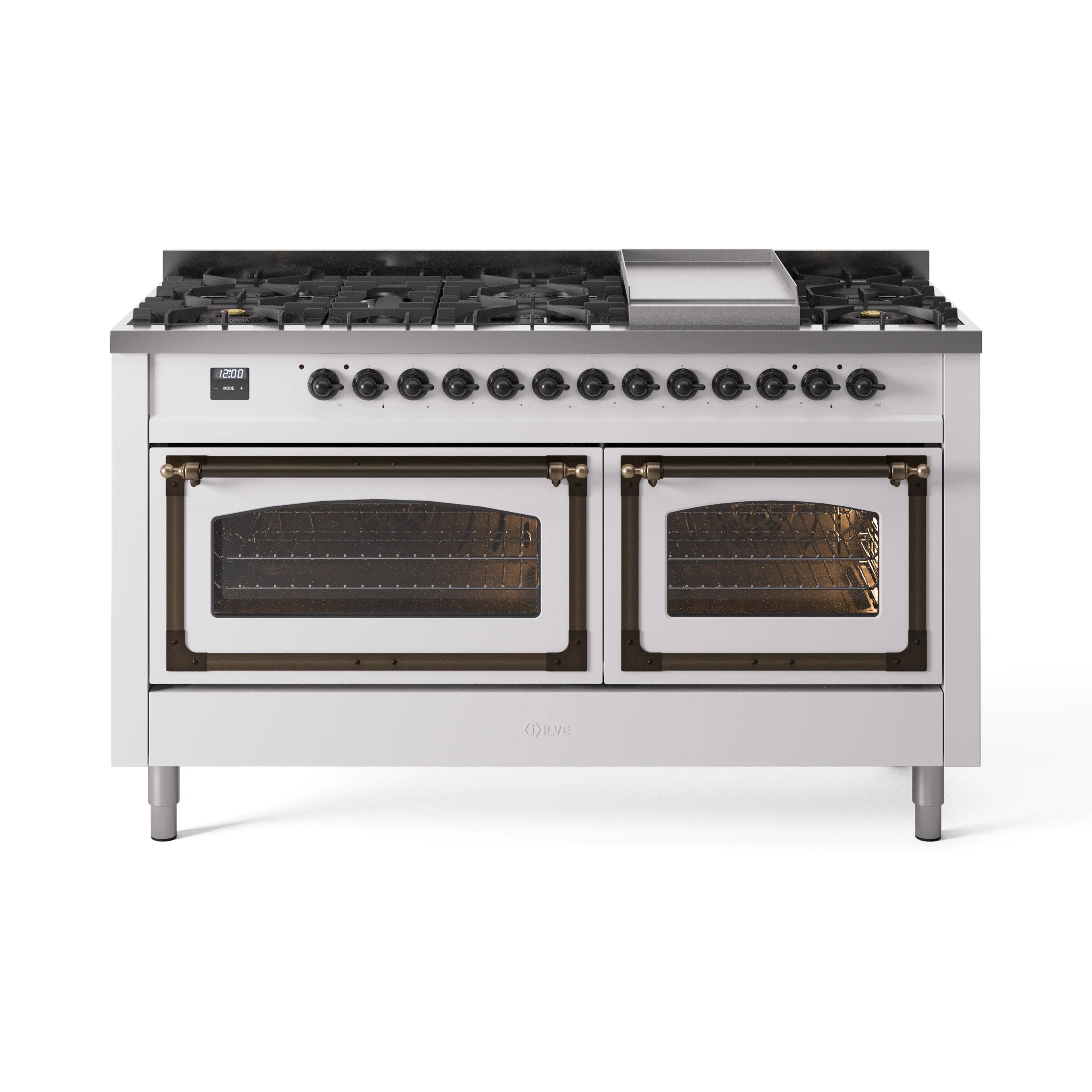 White dual-fuel range with bronze-trim knobs, two ovens, and black burner grates