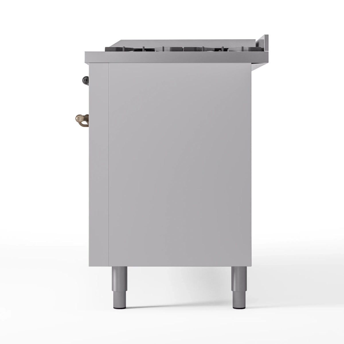 White rear panel of dual fuel range with bronze side fittings and rear burner cover