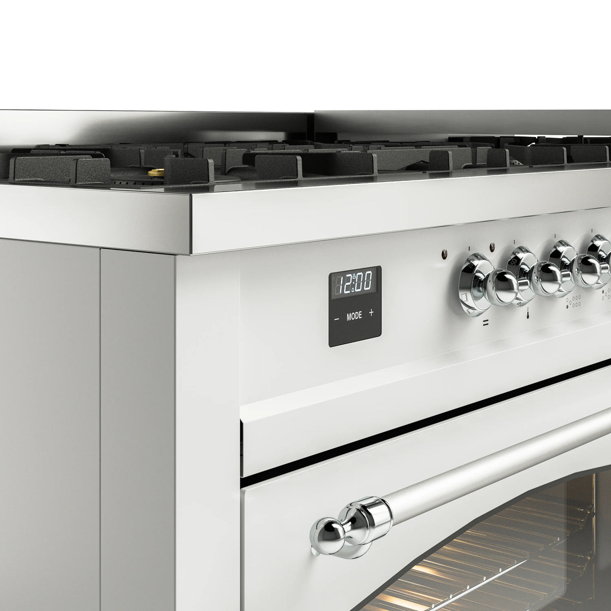 Chrome control knobs and digital display on a white dual-fuel range