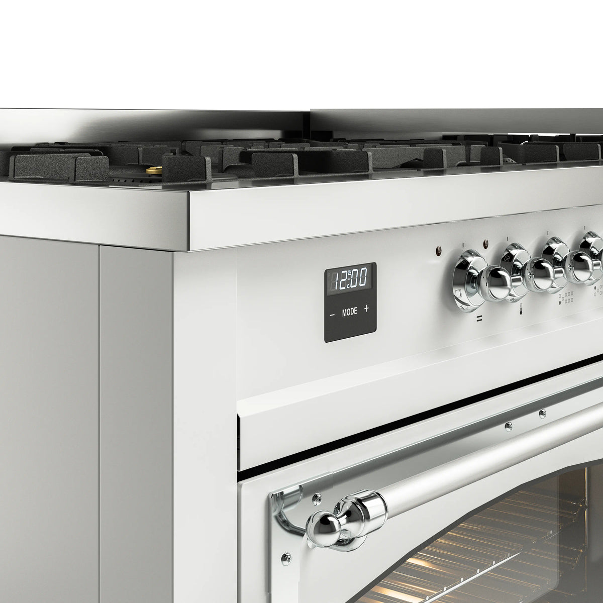 ILVE dual fuel range control panel with knob row, digital display, and oven handle