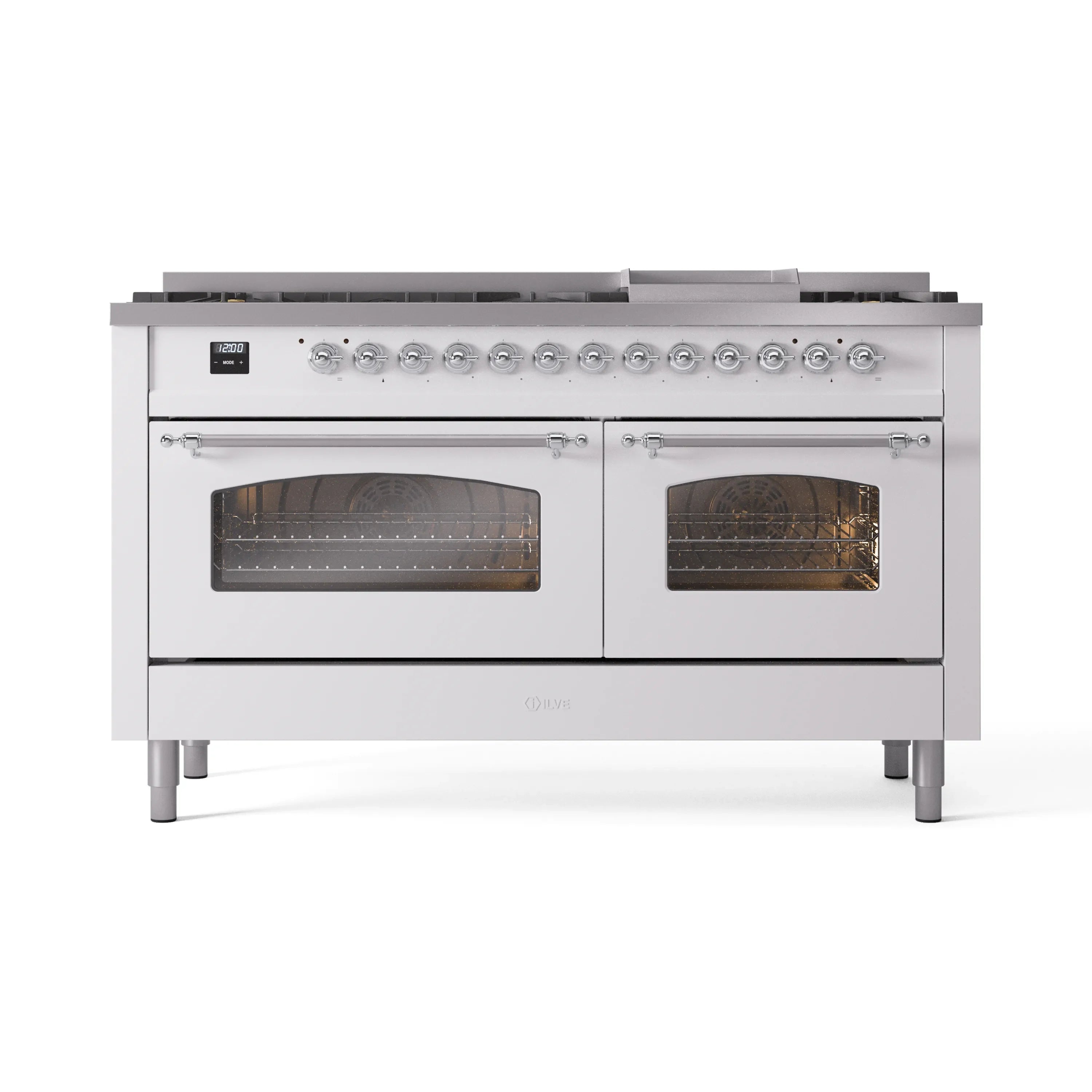White dual fuel gas range with chrome controls and two dark glass oven windows, front view