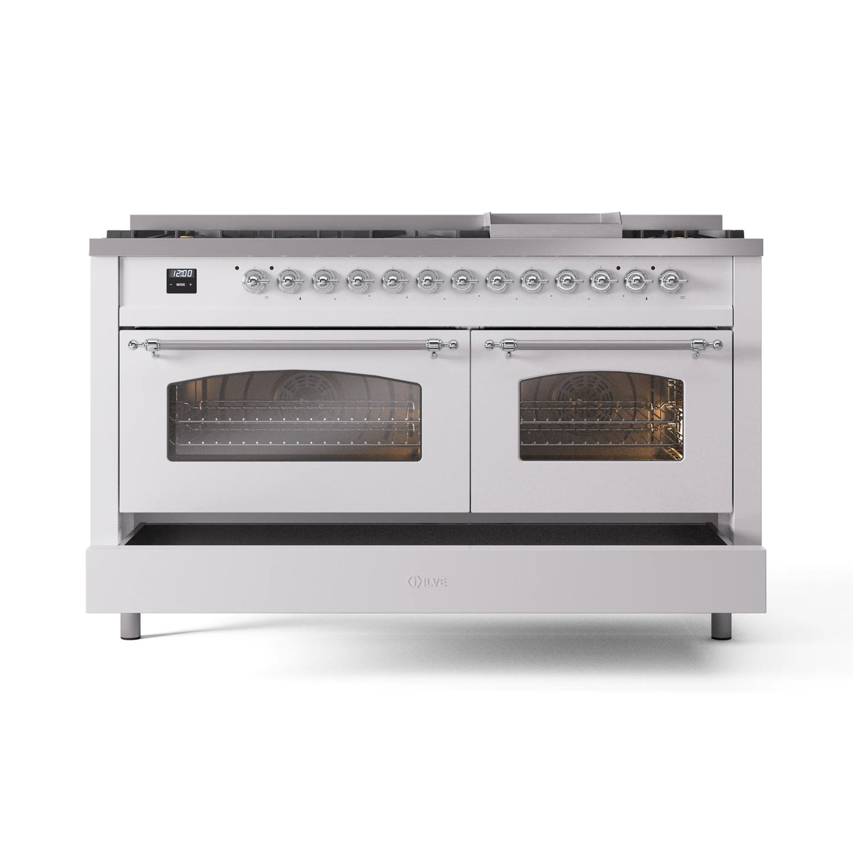 White dual fuel gas range front with one oven door closed and other partially open