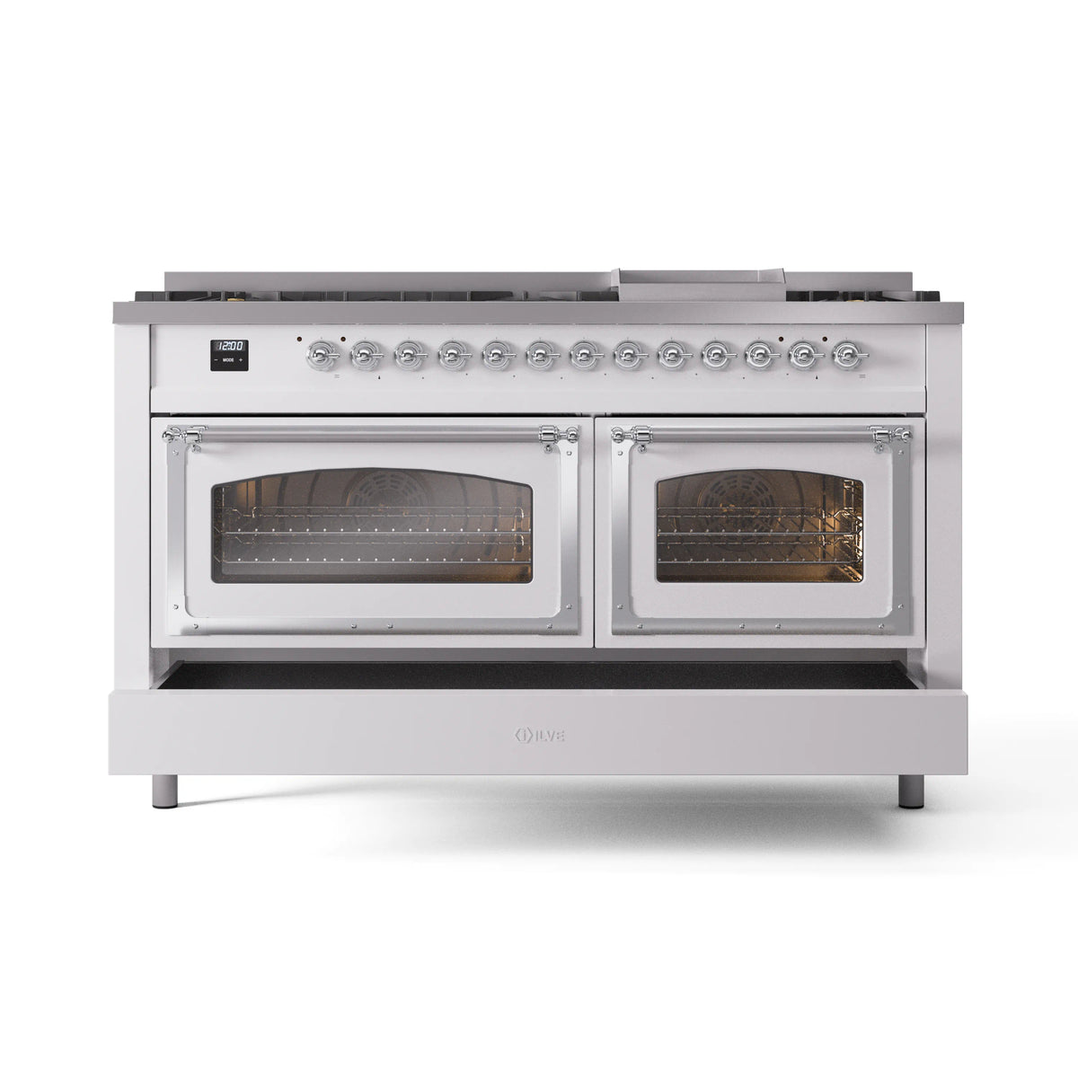 White dual fuel gas range with dual ovens and chrome-trimmed doors
