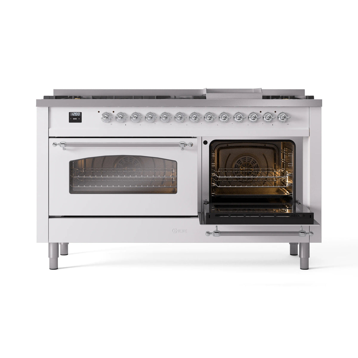 White dual fuel gas range with both ovens open, interior view through glass door openings