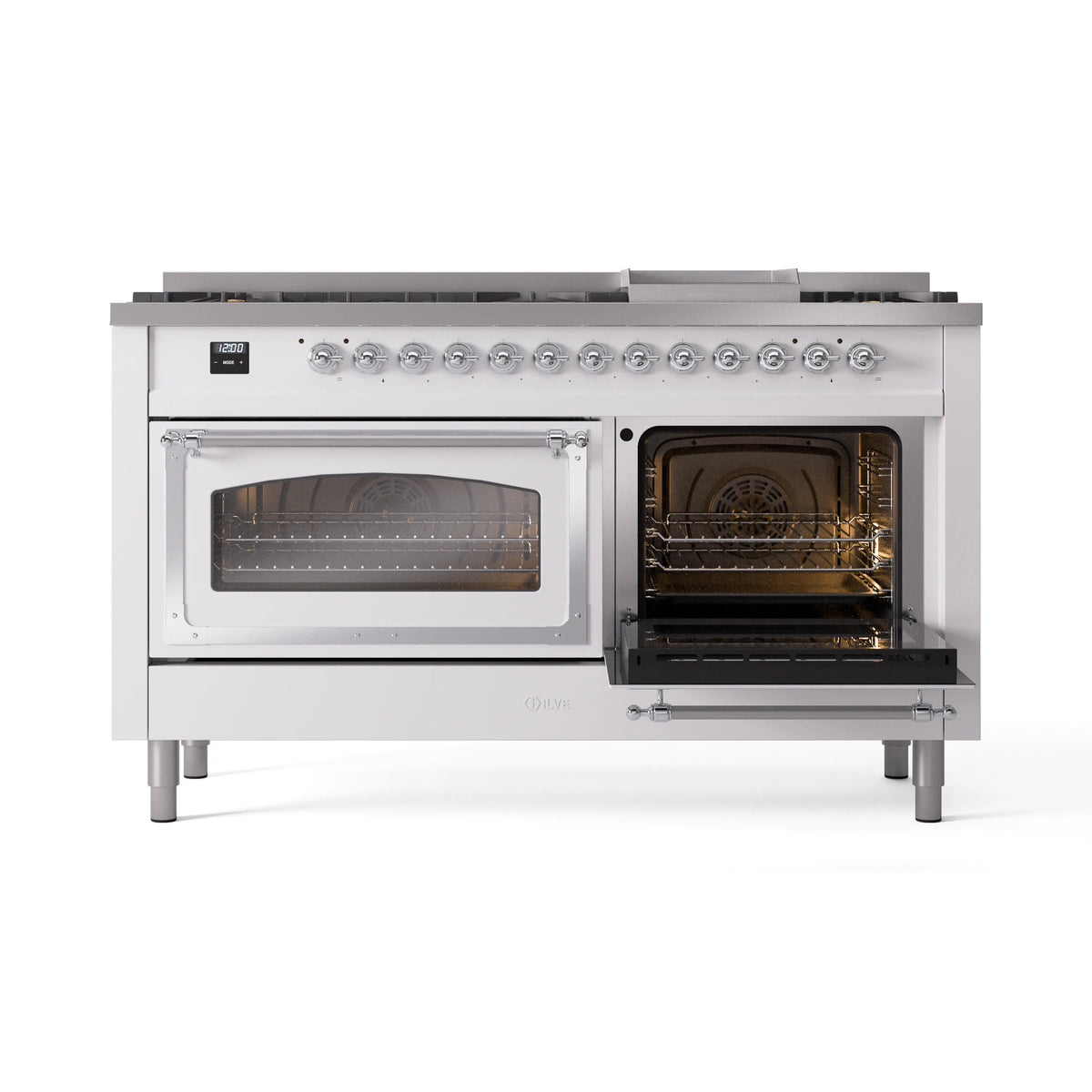 White dual fuel gas range with both oven doors open, showing interior racks