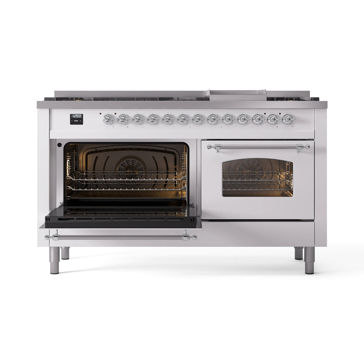 White dual-fuel range with chrome knobs, one oven open, one oven door closed