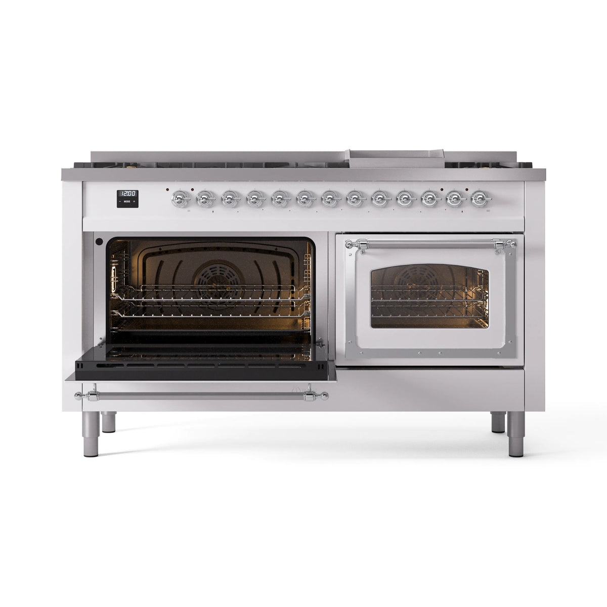 White dual fuel gas range with one oven door open and illuminated interior