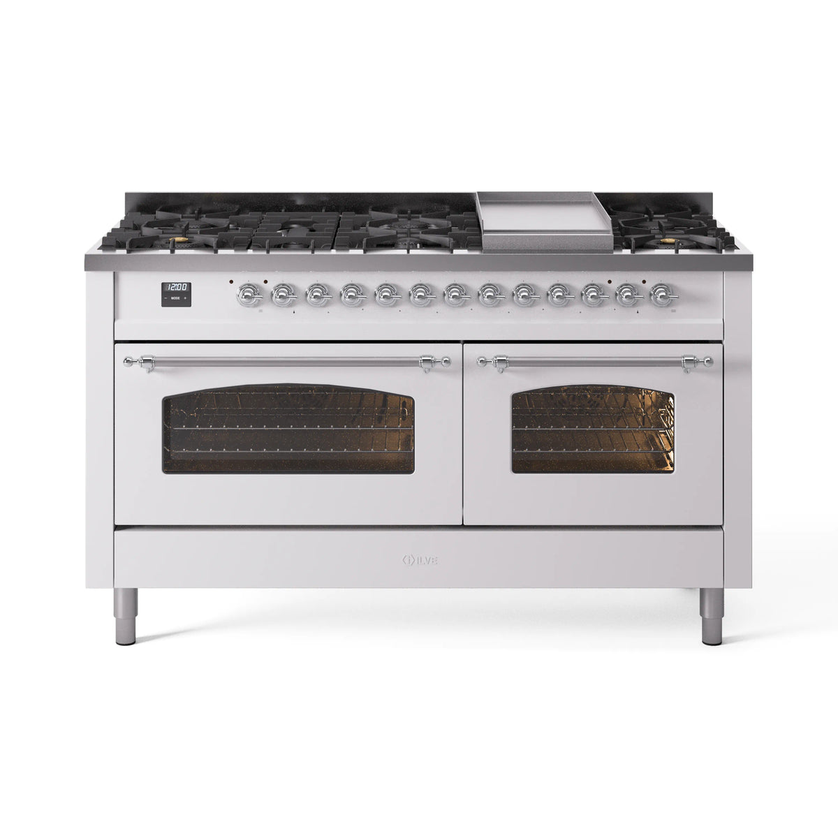 White dual-fuel range with chrome knobs, two glass oven doors, and gas burners