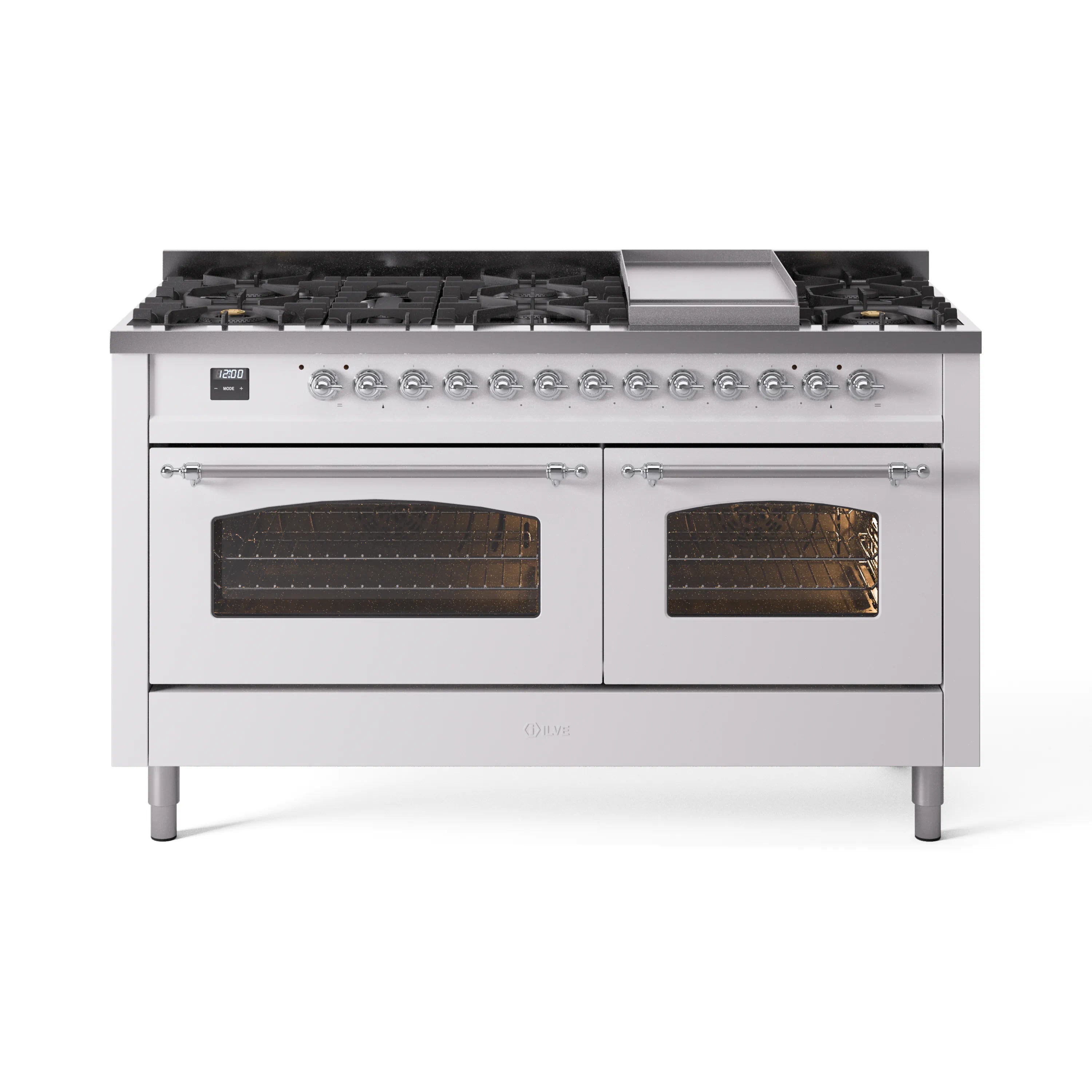 White dual fuel gas range with chrome trim and two glass oven doors, front view