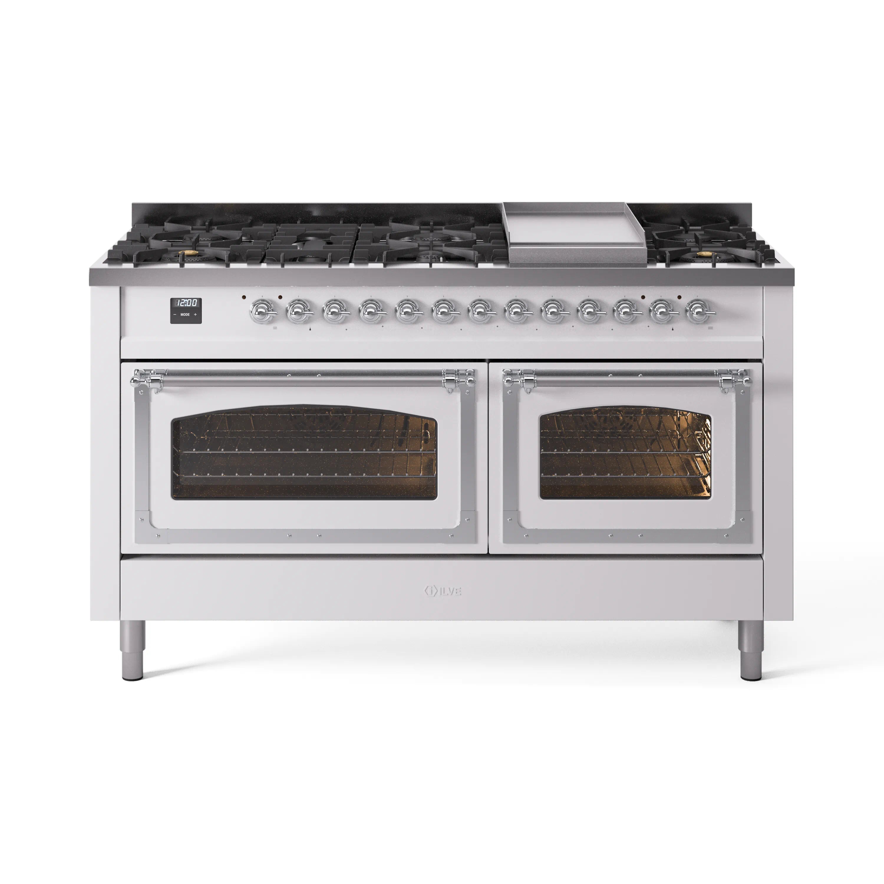 ILVE 60-inch dual fuel range, white with chrome trim, front view with closed ovens