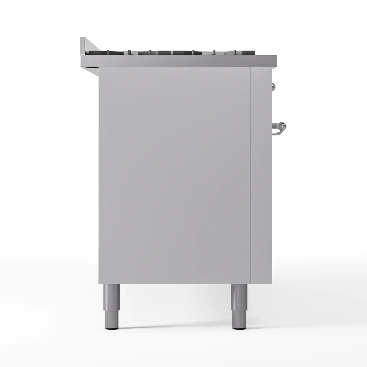 White dual fuel gas range side panel with chrome trim, rear corner and legs visible